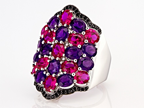 3.57ctw African Amethyst, 3.49ctw Lab Created Ruby & .26ctw Black Spinel Rhodium Over Silver Ring - Size 7