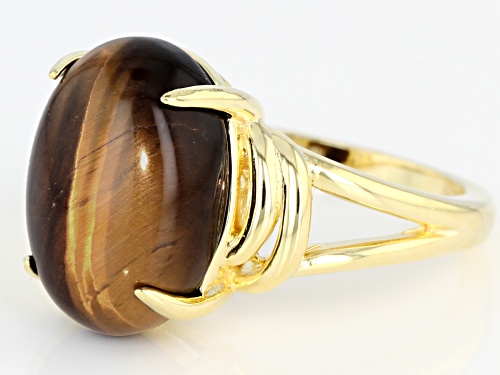 14x10MM OVAL CABOCHON TIGER'S EYE 18K YELLOW GOLD OVER STERLING SILVER SOLITAIRE RING - Size 9