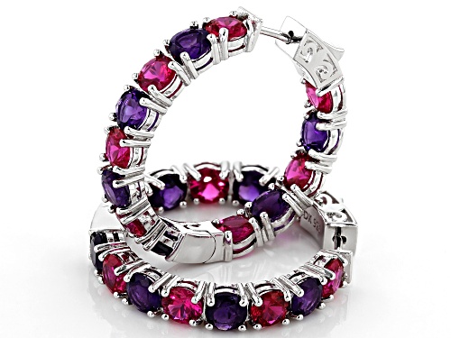 7.65ctw Lab Created Ruby with 5.61ctw African Amethyst Rhodium Over Sterling Silver Hoop Earrings