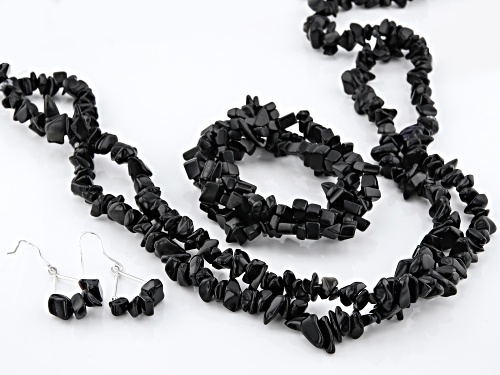 Free-form black onyx nugget necklace, bracelet and earrings rhodium over sterling silver set - Size 60