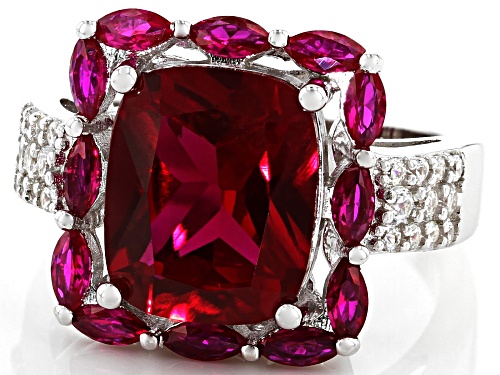 6.37ctw Rectangular & Marquise Lab Created Ruby With .33ctw White Zircon Rhodium Over Silver Ring - Size 8