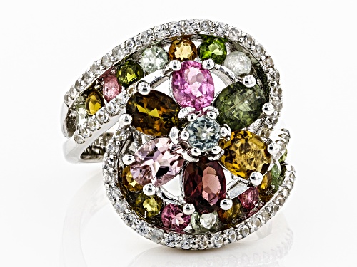3.03ctw Oval & Round Mixed-Color Tourmaline With .87ctw White Zircon Rhodium Over Silver Bypass Ring - Size 8