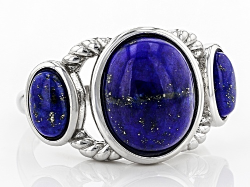 12x10mm & 7x5mm Oval Lapis Lazuli Rhodium Over Sterling Silver 3-Stone Ring - Size 7