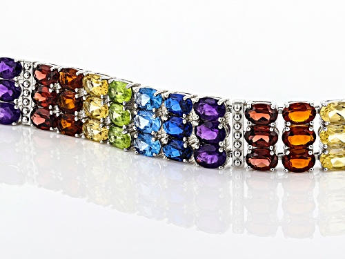 35.21ctw Oval Mixed-Color Multi-Gemstone Rhodium Over Sterling Silver Rainbow Bracelet - Size 8