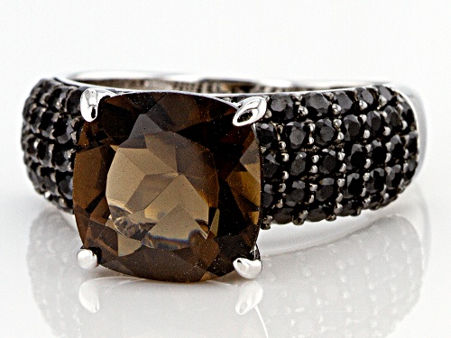 CUSHION SMOKY QUARTZ WITH BLACK SPINEL RHODIUM OVER STERLING SILVER RING - Size 9