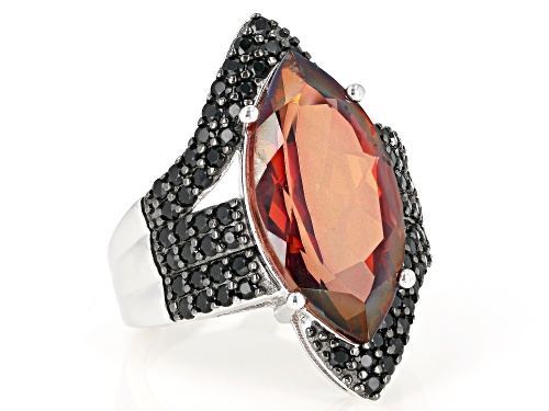 5.75ct Marquise Red Labradorite With 1.19ctw Round Black Spinel Rhodium Over Silver Ring - Size 7
