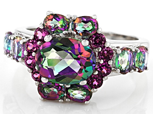 3.46ctw Oval Mystic Fire(R) Green Topaz & .61ctw Rapsberry Color Rhodolite Rhodium Over Silver Ring - Size 9