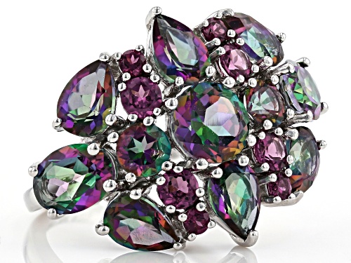 5.78ctw Mystic Fire(R) Green Topaz & .68ctw Raspberry Color Rhodolite Rhodium Over Silver Ring - Size 7
