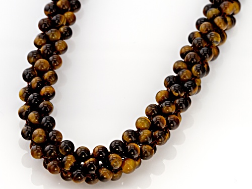 4mm Round Yellow Tiger's Eye Knitted Sterling Silver Necklace - Size 20