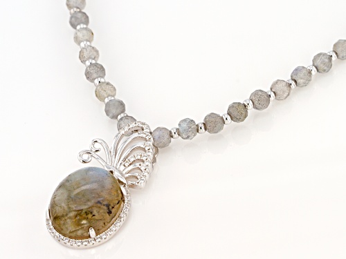 12X14mm oval with 4X3mm Rondelle labradorite with round zircon Sterling Silver Necklace - Size 20