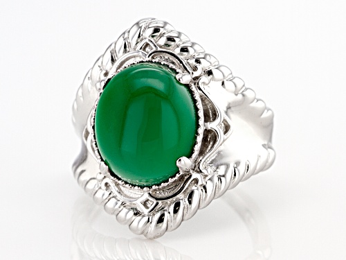 12X10mm Oval Cabochon Green Onyx Rhodium Over Sterling Silver Solitaire Ring - Size 9