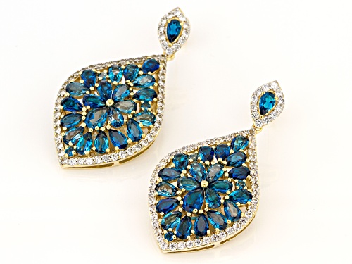9.95ctw London Blue Topaz with 2.14ctw White Zircon 18k Gold Over Silver Cluster Dangle Earrings