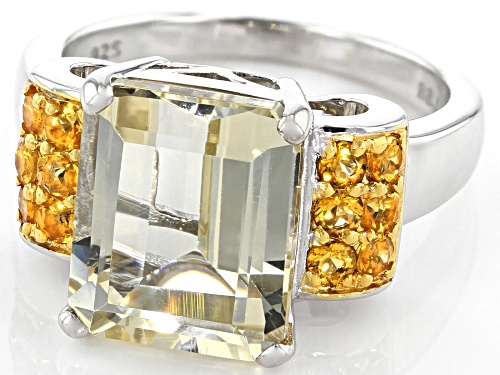 4.74CT EMERALD CUT YELLOW LABRADORITE WITH .41CTW CITRINE RHODIUM OVER STERLING SILVER RING - Size 7