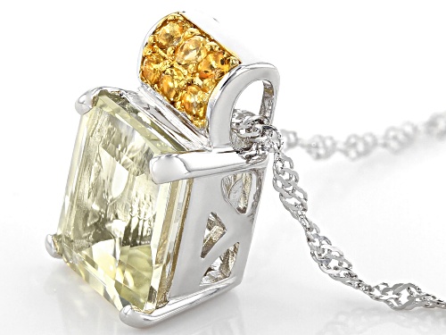 4.74CT EMERALD CUT YELLOW LABRADORITE WITH .20CTW CITRINE RHODIUM OVER  SILVER PENDANT WITH CHAIN