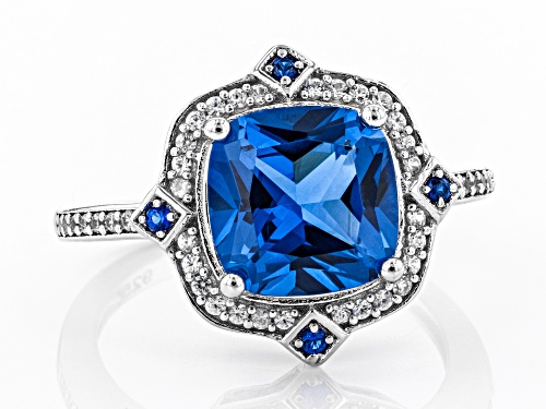 3.21ctw Square Cushion & Round Lab Created Blue Spinel, .24ctw Zircon Rhodium Over Silver Ring - Size 10