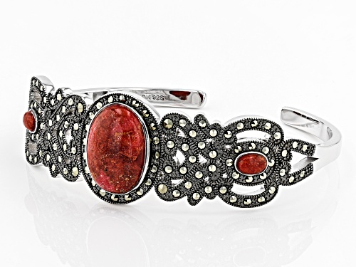 18x13mm & 6x4mm Oval Sponge Coral With Marcasite Rhodium Over Sterling Silver Cuff Bracelet - Size 8