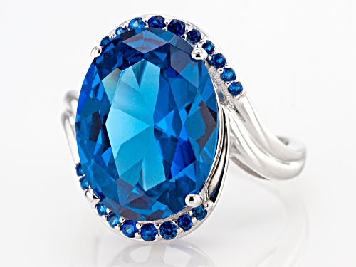 8.60ct Oval & .39ctw Round Lab Created Blue Spinel Rhodium Over Sterling Silver Ring - Size 7