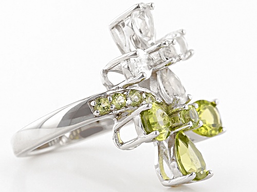 2.38ctw Manchurian Peridot™ And 2.27ctw White Topaz Sterling Silver Floral Bypass Ring - Size 5