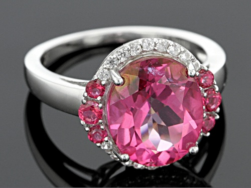 5.26ctw Oval And Round Pink Topaz With .16ctw Round White Zircon Rhodium Over Sterling Silver Ring - Size 8