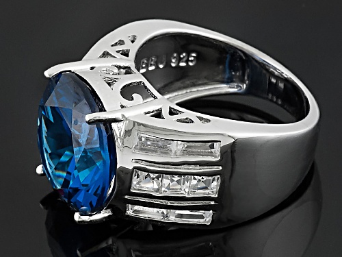 7.65ct Round Lab Created Blue Spinel With 1.58ctw Square & Baguette White Topaz Sterling Silver Ring - Size 5