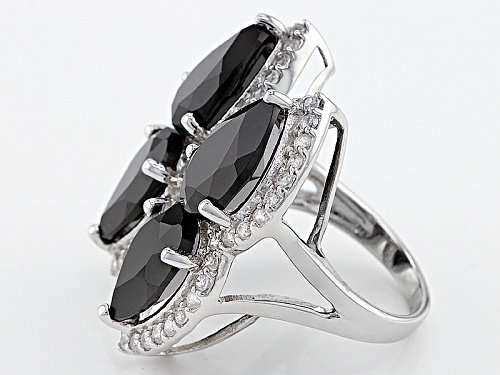 12.01ctw Pear Shape Black Spinel With 1.28ctw Round White Zircon Sterling Silver Ring - Size 6