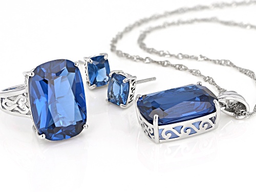 38.00ctw Lab Created Blue Spinel Rhodium Over Silver Pendant With Chain, Earrings,Ring Box Set