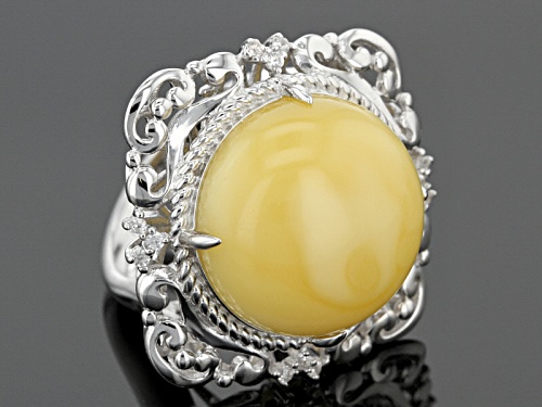 16mm Cabochon Round Butterscotch Amber And .09ctw Round White Zircon Sterling Silver Ring - Size 6