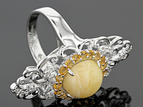 10mm Round Butterscotch Amber With .49ctw Round Citrine And .12ctw White Zircon Sterling Silver Ring - Size 6