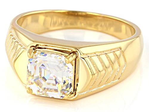 3.25ct Asscher Cut Strontium Titanate 18K Yellow Gold Over Silver Mens Ring - Size 10