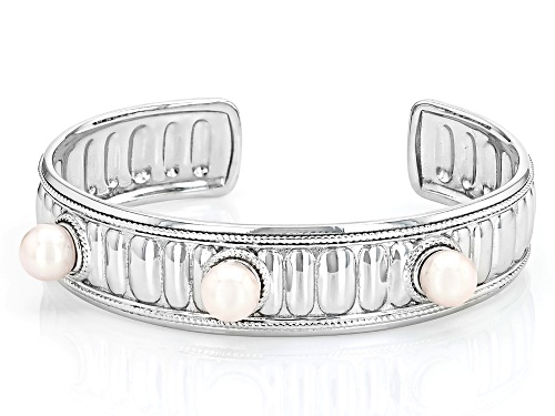 8.5-9mm White Cultured Freshwater Pearl Rhodium Over Sterling Silver Cuff Bracelet - Size 8