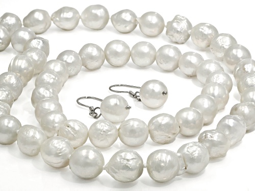 Genusis™ 9-11mm Cultured Freshwater Pearl Rhodium Over Silver Necklace, Bracelet, & Earring Set