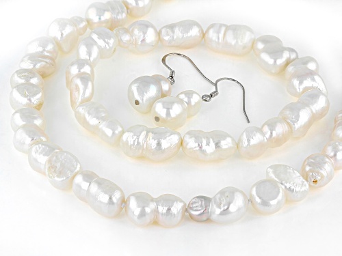 8-11mm Cultured Freshwater Pearl Rhodium Over Sterling Silver 20 Inch Necklace Bracelet Earring Set