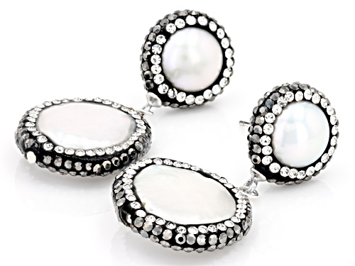 9-9.5mm Cultured Freshwater Pearl with Multi-Color Crystal Accents Rhodium Over Silver Earrings