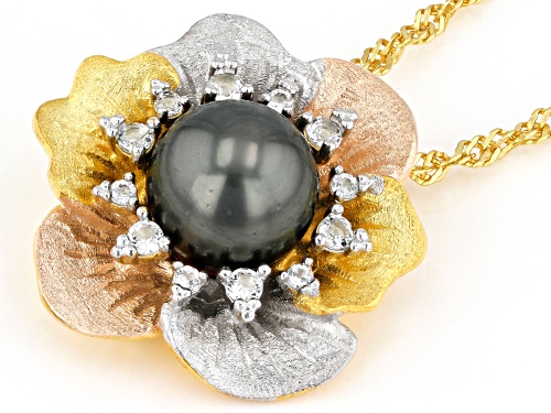9mm Cultured Tahitian Pearl with White Topaz Rhodium & 18k Yellow & Rose Gold Over Silver Pendant