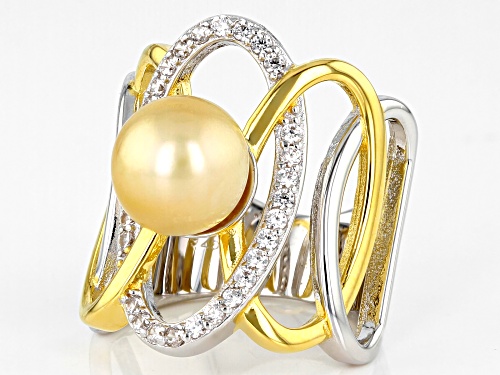 9mm Golden Cultured South Sea Pearl with White Zircon Rhodium & 18k Yellow Gold Over Silver Ring - Size 12