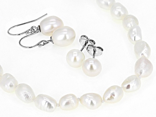 6-8mm White Cultured Freshwater Pearl Rhodium Over Sterling Silver 63 Inch Necklace And Earring Set