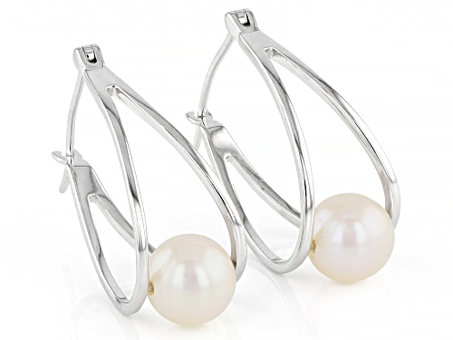 8-8.5mm White Cultured Freshwater Pearl Rhodium Over Sterling Silver Double Hoop Earrings