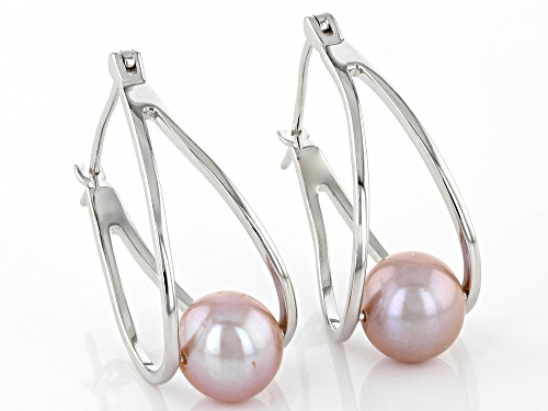 8-8.5mm Pink Cultured Freshwater Pearl Rhodium Over Sterling Silver Double Hoop Earrings