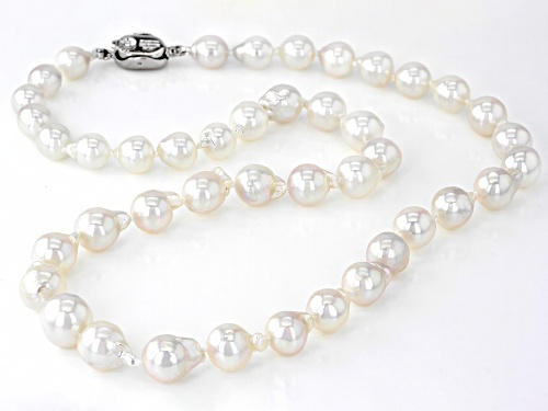 6-10mm White Cultured Akoya Pearl Rhodium Over Sterling Silver 18 Inch Strand Necklace - Size 18