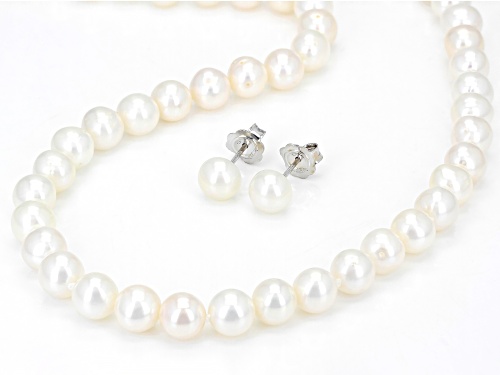7-8mm White Cultured Freshwater Pearl Rhodium Over Sterling Silver 18 Inch Necklace And Earring Set