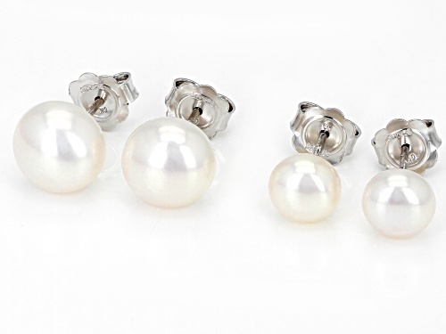 7-7.5mm And 9-10mm White Cultured Freshwater Pearl Rhodium Over Sterling Silver Earrings Set of Two