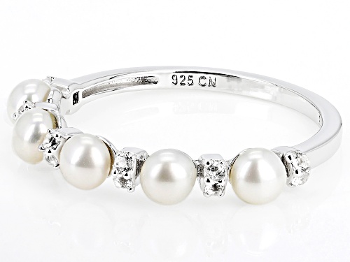 3.5-4mm White Cultured Freshwater Pearl And .12ctw White Topaz Rhodium Over Sterling Silver Ring - Size 7