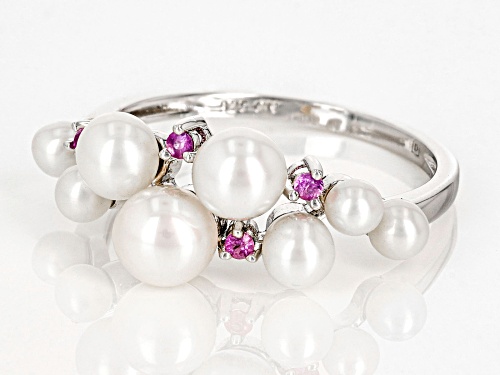 3-5.5mm White Cultured Freshwater Pearl And .10ctw Pink Sapphire Rhodium Over Sterling Silver Ring - Size 7