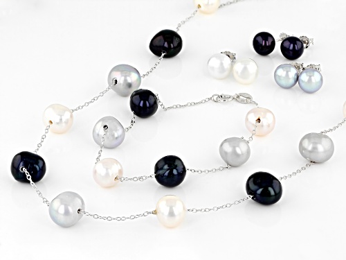 8-9mm Mutli-Color Cultured Freshwater Pearl Rhodium Over Sterling Necklace Bracelet And Earring Set