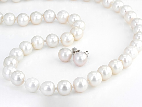 9-10mm White Cultured Freshwater Pearl Rhodium Over Sterling Silver Necklace And Earring Set