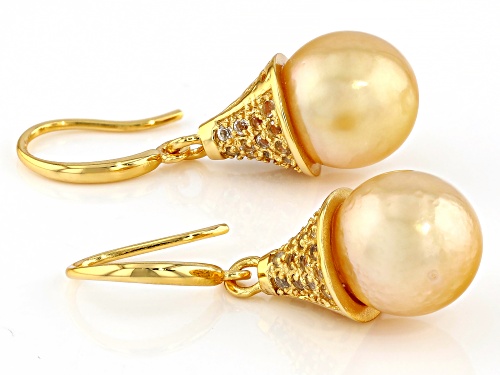 10mm Golden Cultured South Sea Pearl and White Topaz Accent 18k Yellow Gold Over Silver Earrings