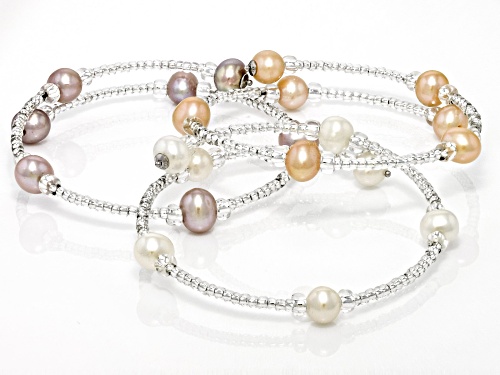 6-7mm Light Multi-Color Cultured Freshwater Pearl And Glass Bead Sterling Silver Bangle Set