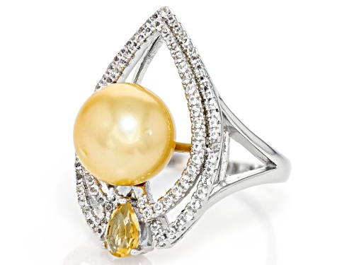 11mm Golden Cultured South Sea Pearl, 2.20ct Citrine & 1.20ctw White Topaz Rhodium Over Silver Ring - Size 12