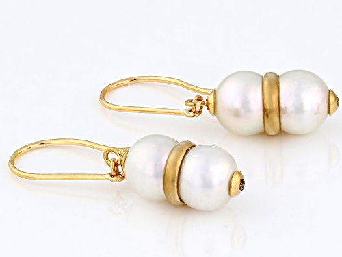 7-8mm White Cultured Japanese Akoya Pearl 18k Yellow Gold Earrings