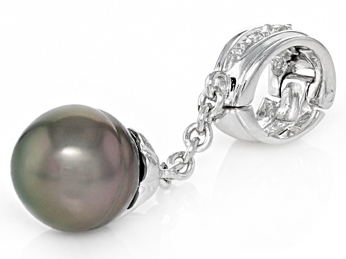 9-10mm Platinum Cultured Tahitian Pearl and Topaz Accented Rhodium Over Sterling Silver Enhancer